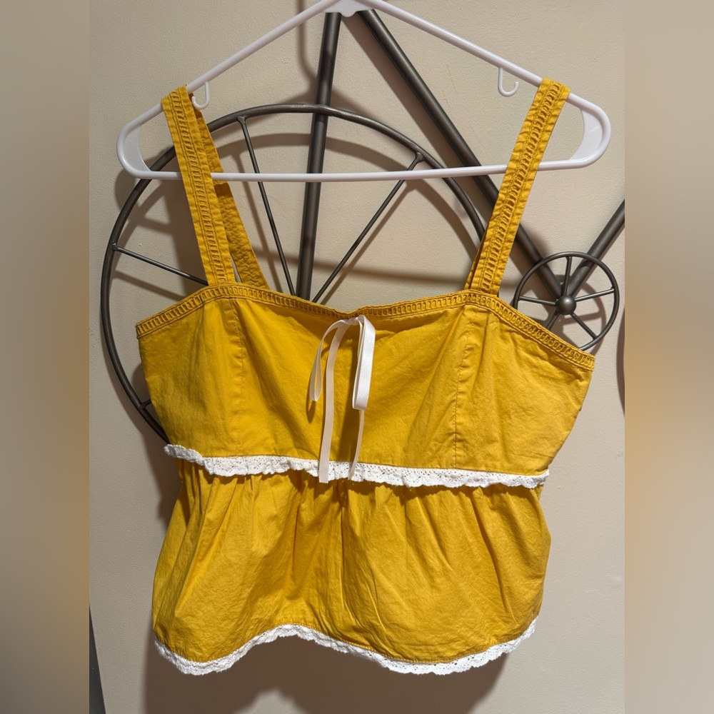 Forever 21 Sunshine Yellow Smocked Cropped Top, Size M, Peasant, Lace, Cotton